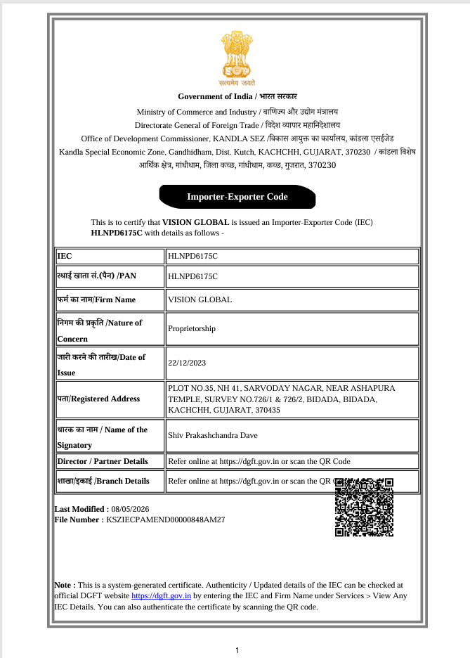 Importer Exporter Code certificate
